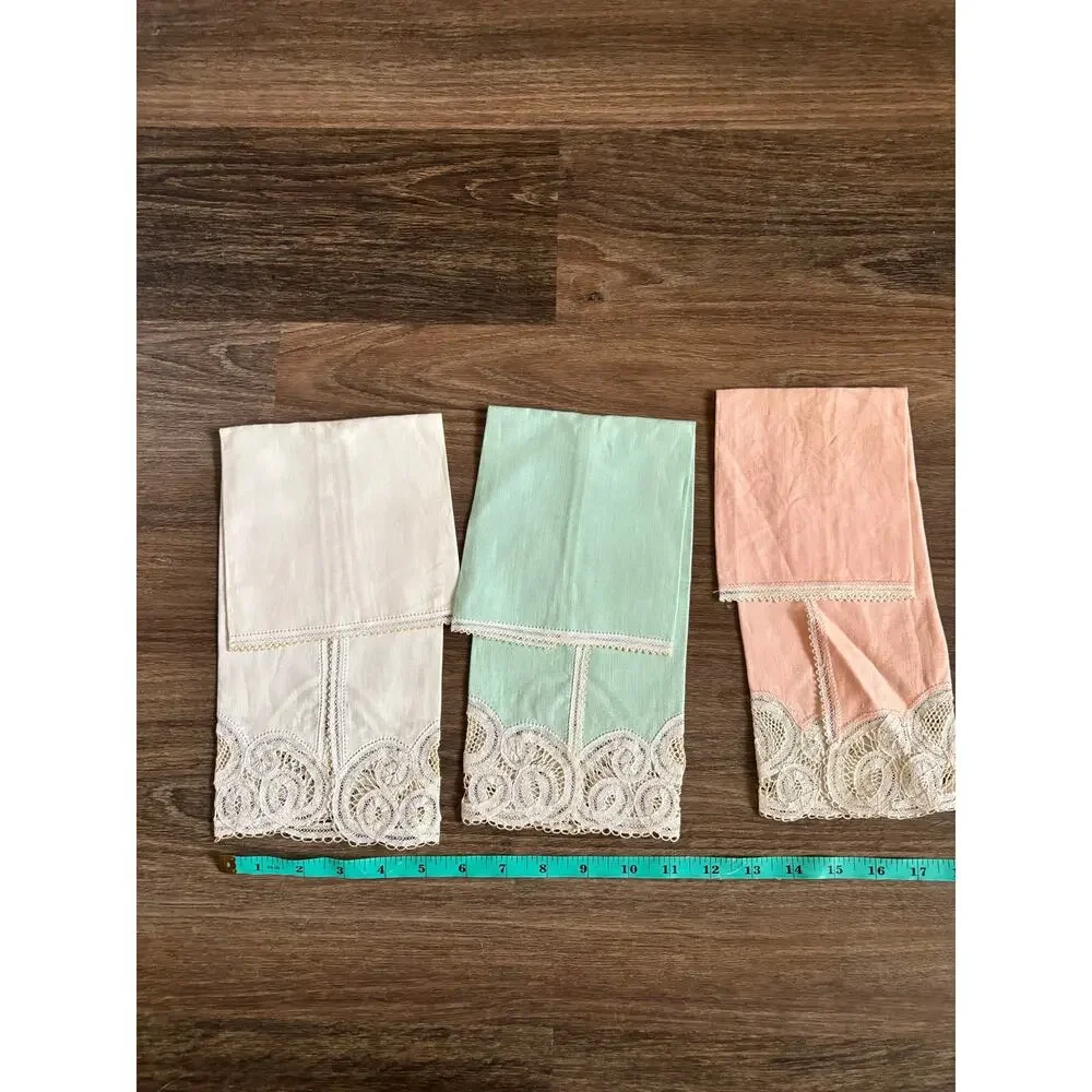 Antique Set of 3 Tape Lace Dinner Napkins Cotton Pastel Green Pink White 17